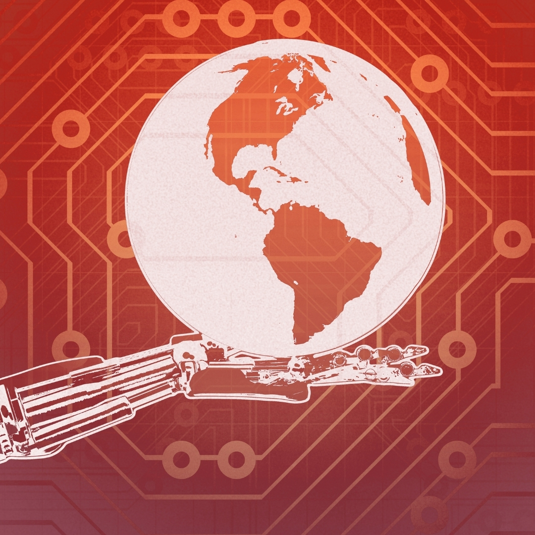 A graphic of the earth held by a robotic hand 