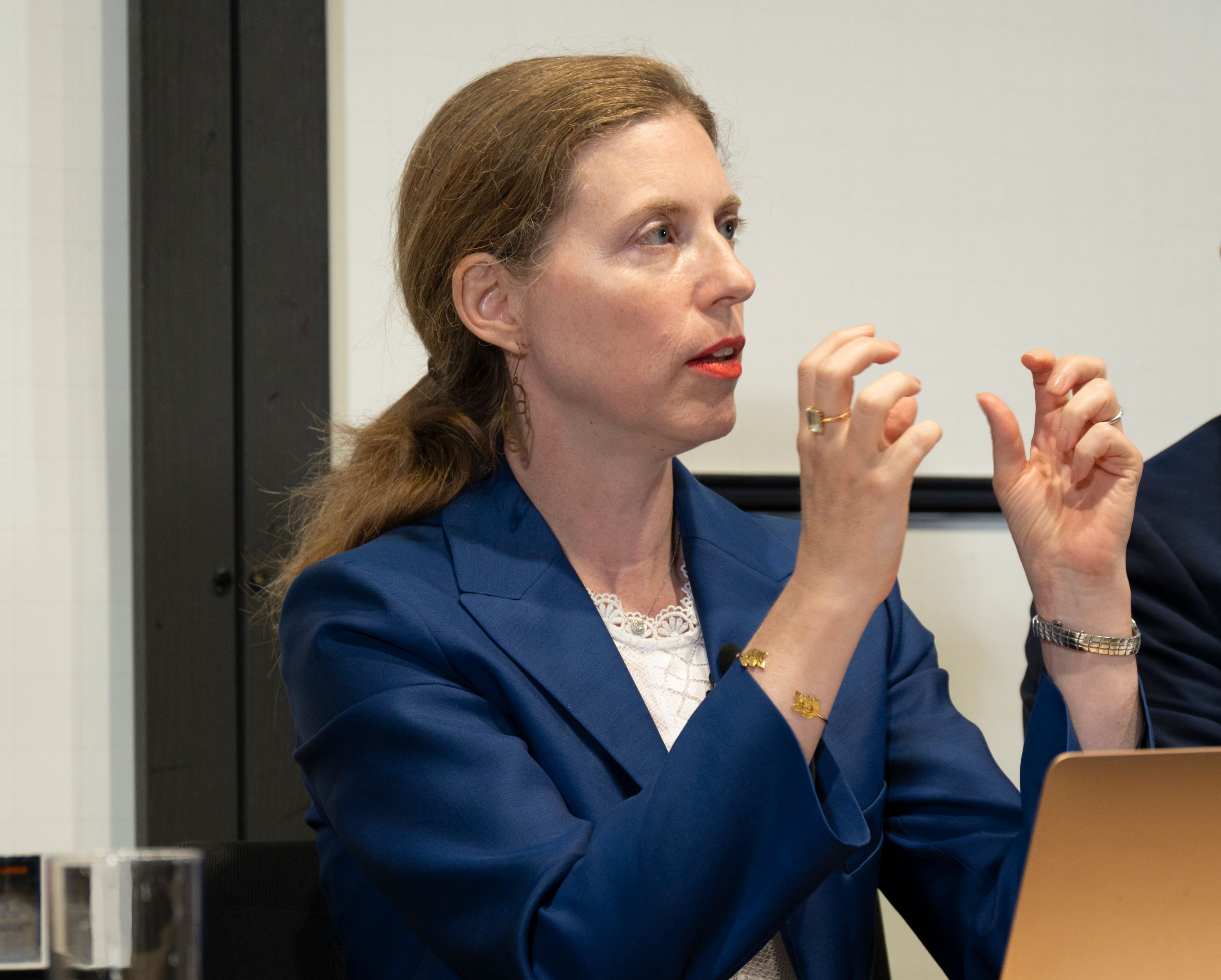 Image of Helene Landemore delivering a talk as a panel member at the Ethics in AI Annual Lecture