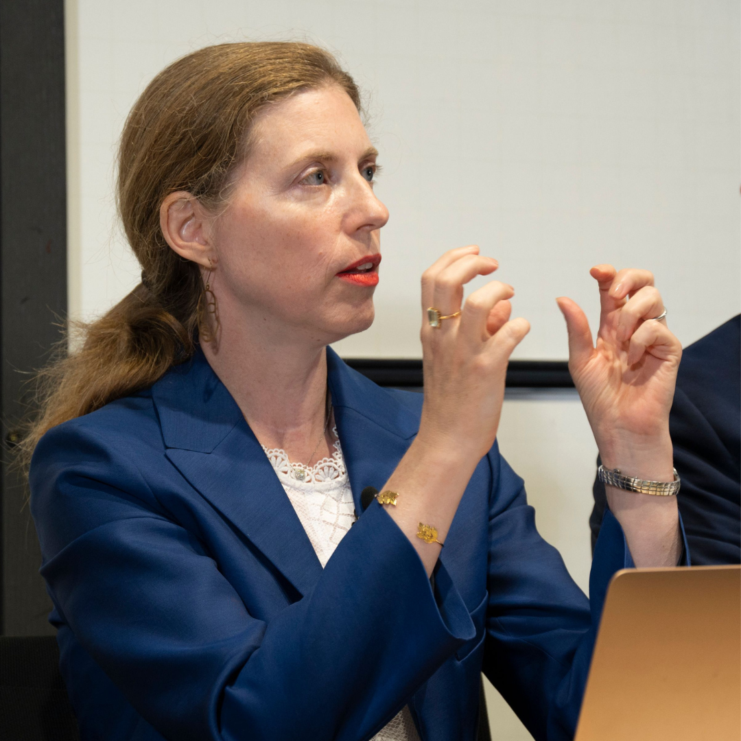 Image of Helene Landemore delivering a talk as a panel member at the Ethics in AI Annual Lecture