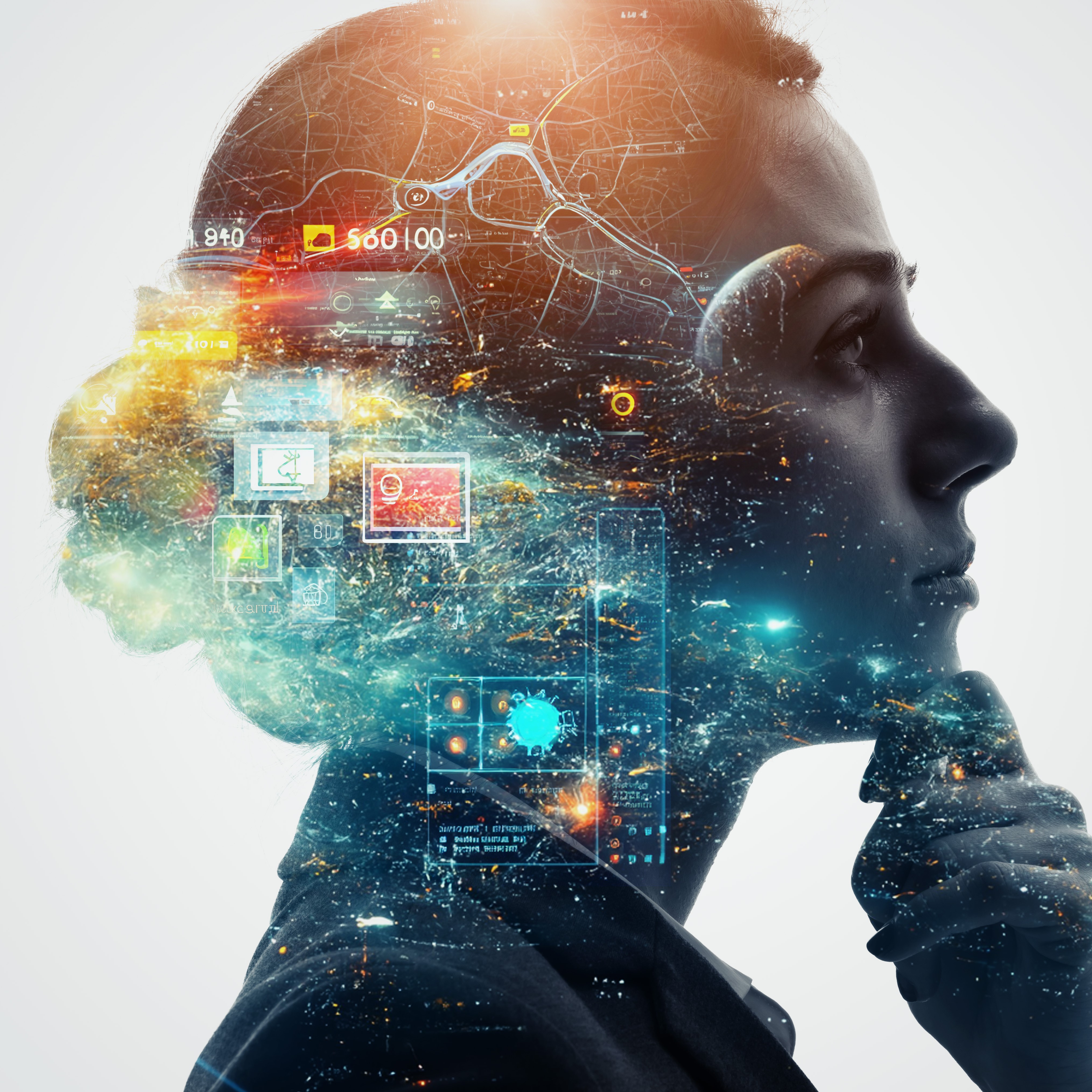 Stock image of woman thinking surrounded by formulas