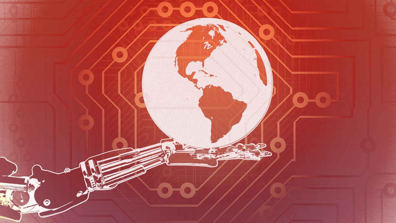 A graphic of the earth held by a robotic hand
