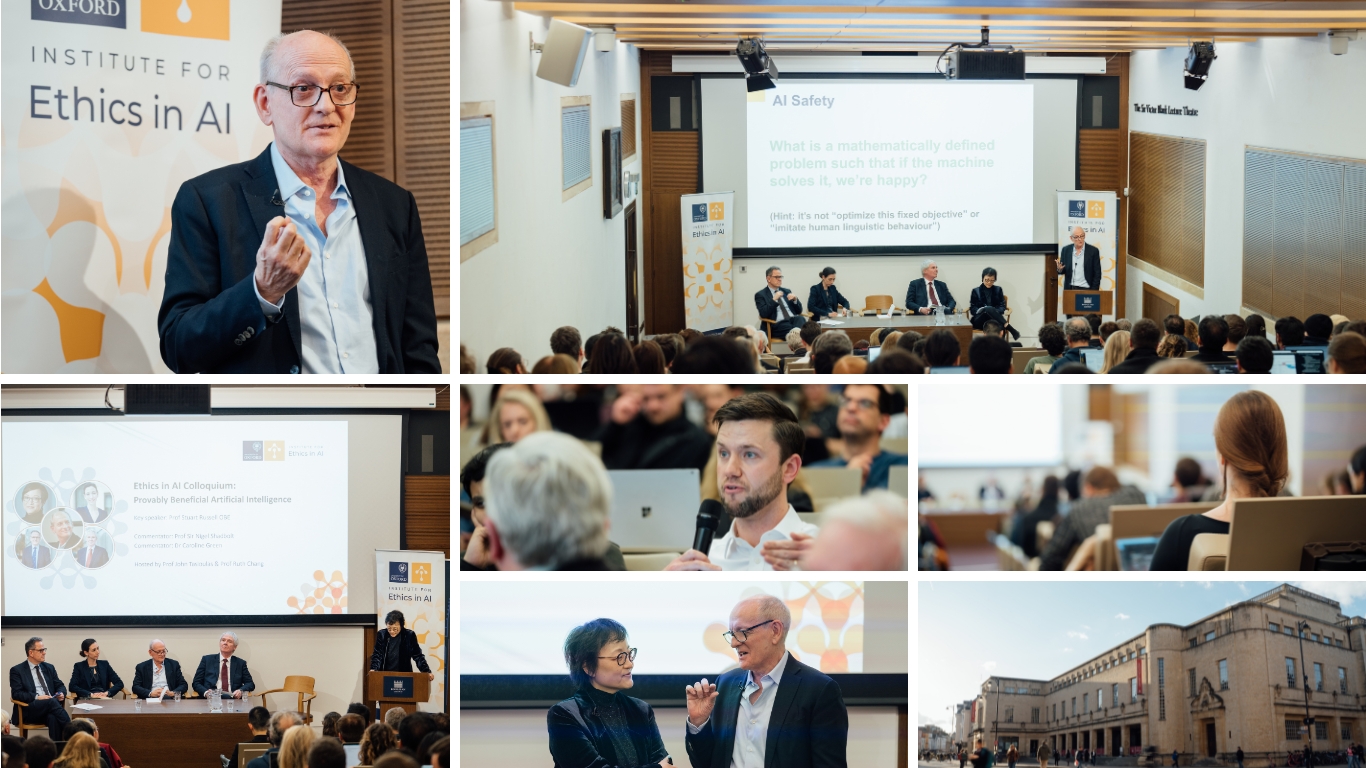 Photo collage of speakers and attendees of the Ethics in AI Colloquium Provably Beneficial AI