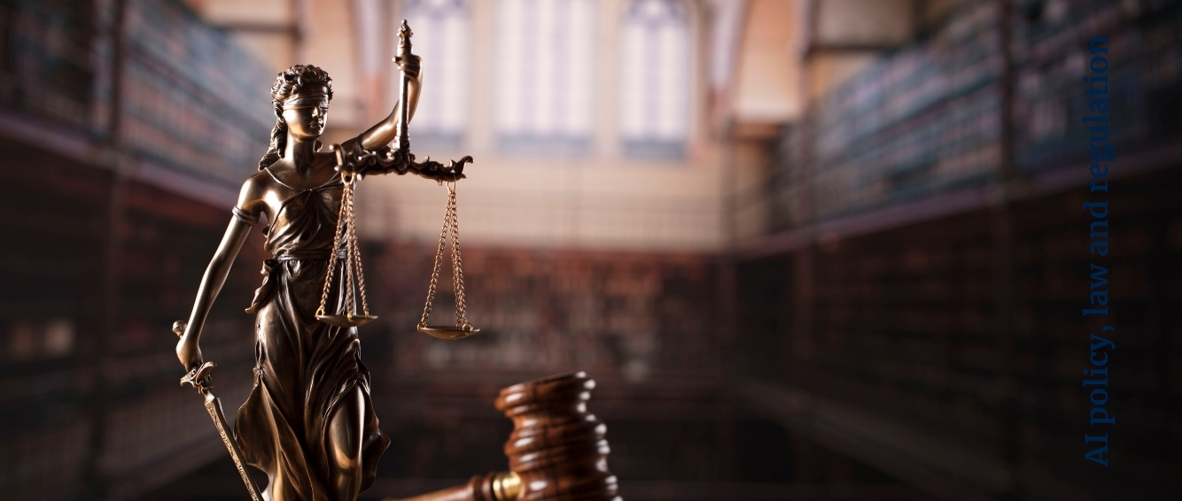 Liberty standing with scales of justice in a court