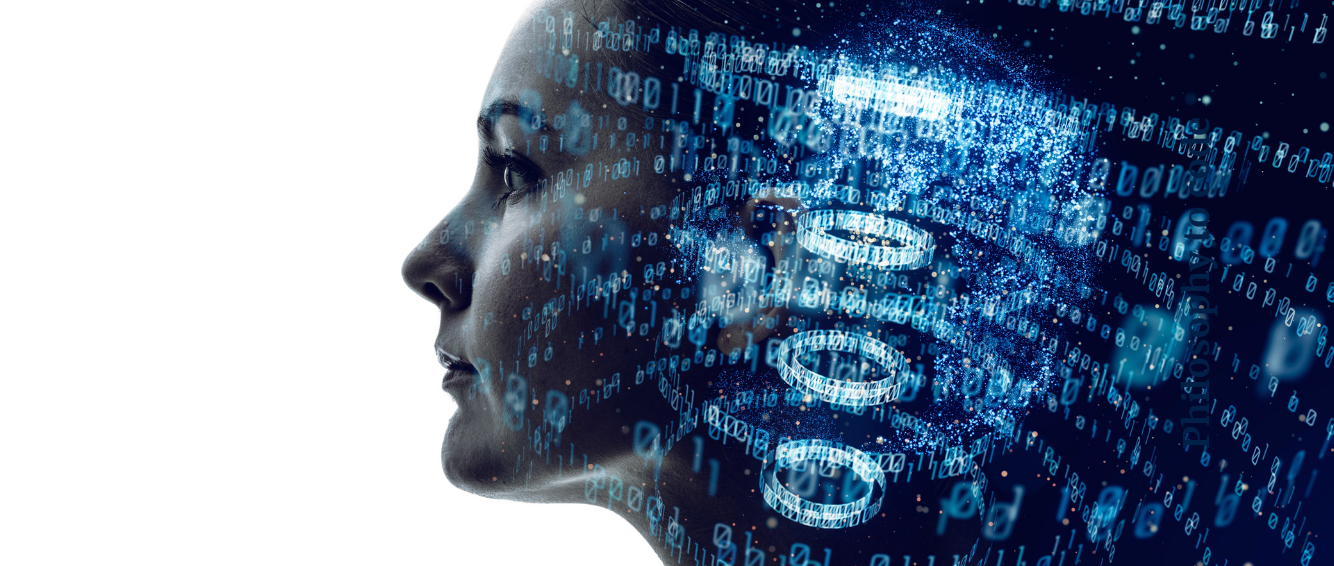 Women's face morphing into code