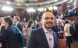 Demis Hassabis stood in front of the audience at the end of the Obert C. Tanner Lecture on Artificial Intelligence and Human Values