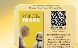 Advertisement for the Robot & Frank event with reflection at the bottom and yellow backgrounnd