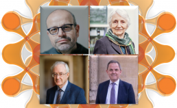 Profile images of the four speakers with the Ethics in AI orange logo behind