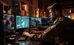 Stock image of a soldier using a computer