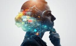 Stock image of a woman thinking surrounded by data
