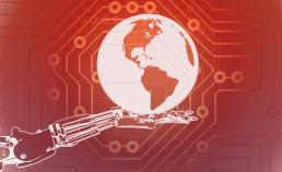 A graphic of the earth held by a robotic hand 