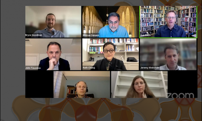 Screenshot from Zoom of Reich, Sahami, Weinstein, Goodman, Landemore, Conitzer, Chang and Tasioulas-