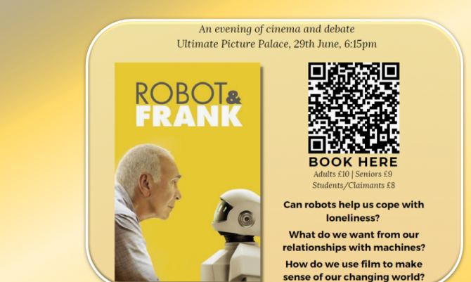 Advertisement for the Robot & Frank event with reflection at the bottom and yellow backgrounnd
