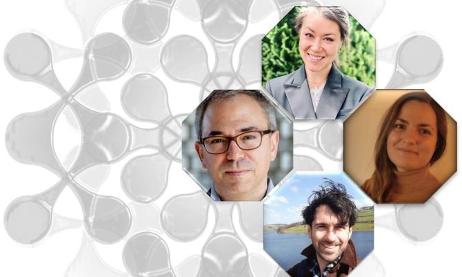 image of speakers at past and present lunchtime research seminars on top of grey graphics