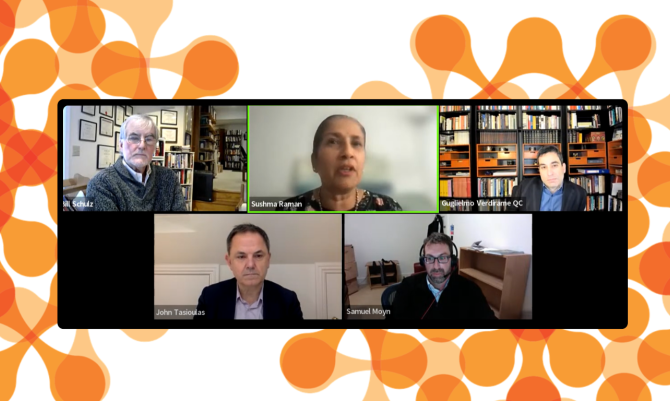 Screenshot from Zoom with Raman, Schulz, Verdirame, Moyn and Tasioulas-