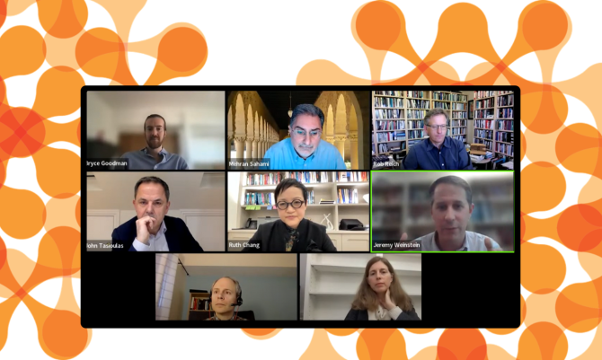 Screenshot from Zoom of Reich, Sahami, Weinstein, Goodman, Landemore, Conitzer, Chang and Tasioulas-