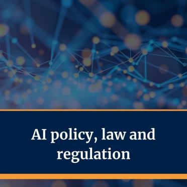 AI policy, law and regulation title with scales of justice and AI icon
